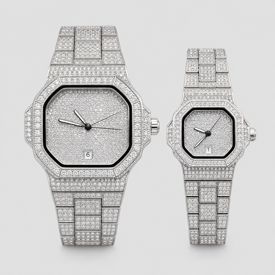 Silver-tone octagonal quartz watches for him and her, displayed side by side