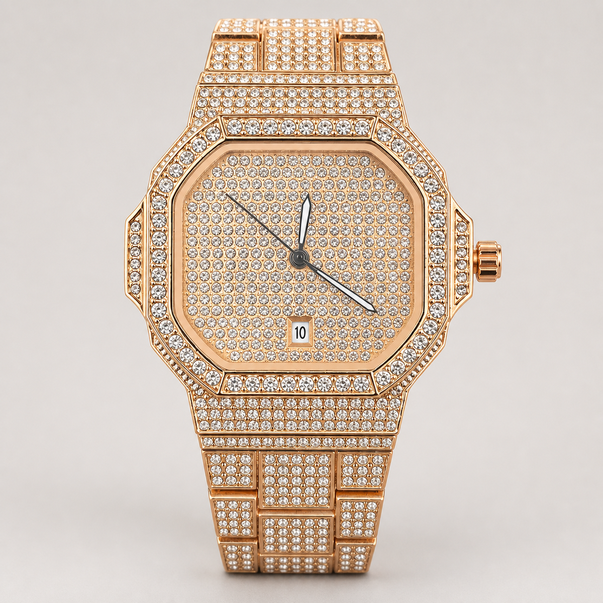 Rose-gold men’s octagonal quartz watch with a crystal-set grid bracelet, front view