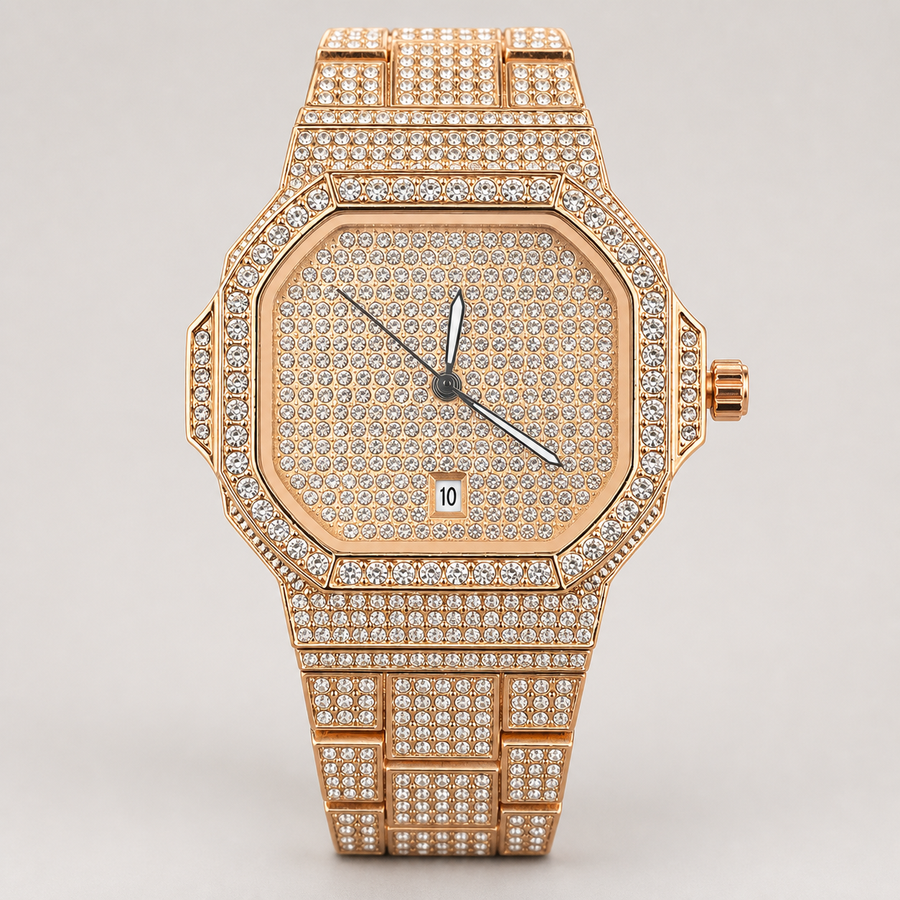 Rose-gold men’s octagonal quartz watch with a crystal-set grid bracelet, front view