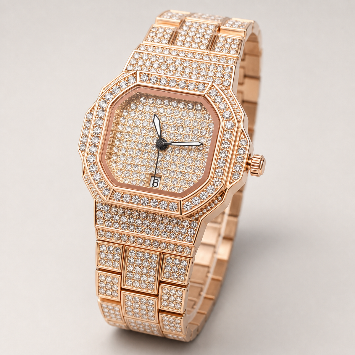 Rose-gold women’s octagonal quartz watch with a crystal-set grid bracelet, angled view