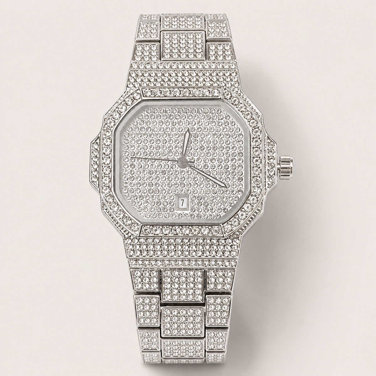 Silver-tone men’s octagonal quartz watch with a crystal-set grid bracelet, front view