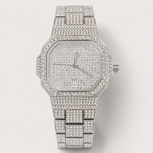 Silver-tone men’s octagonal quartz watch with a crystal-set grid bracelet, front view