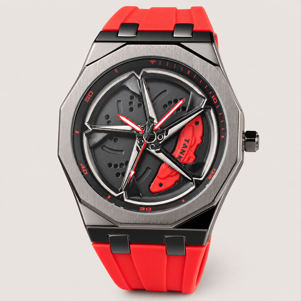 Men’s octagonal quartz watch with a red silicone strap and red turbine-motif dial, front view