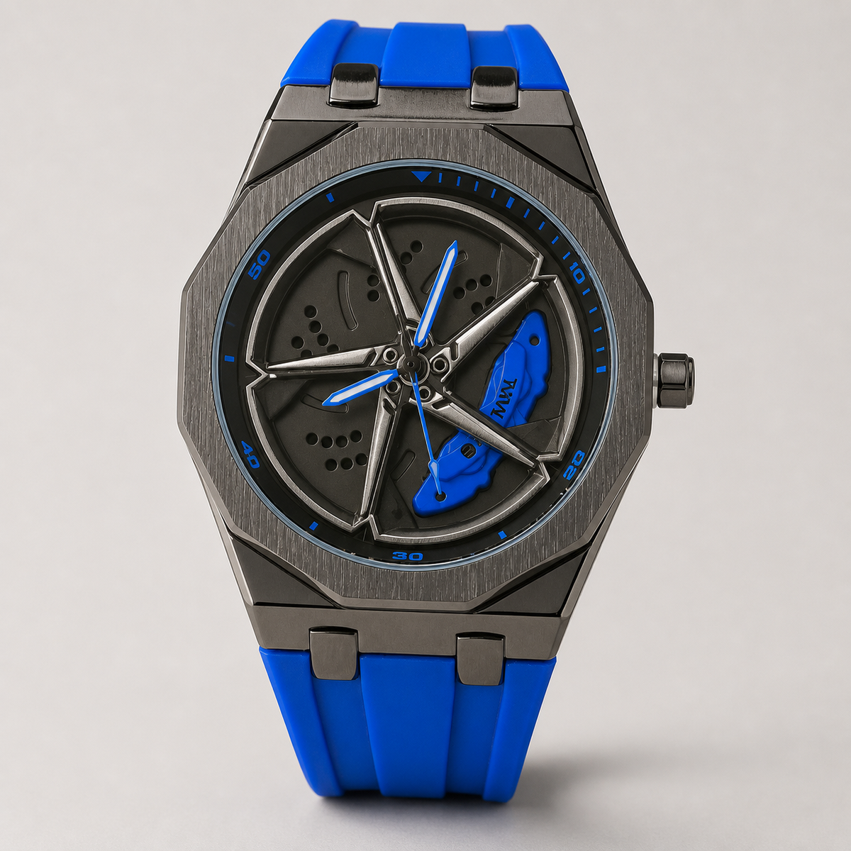 Men’s octagonal quartz watch with a blue silicone strap and blue turbine-motif dial, front view
