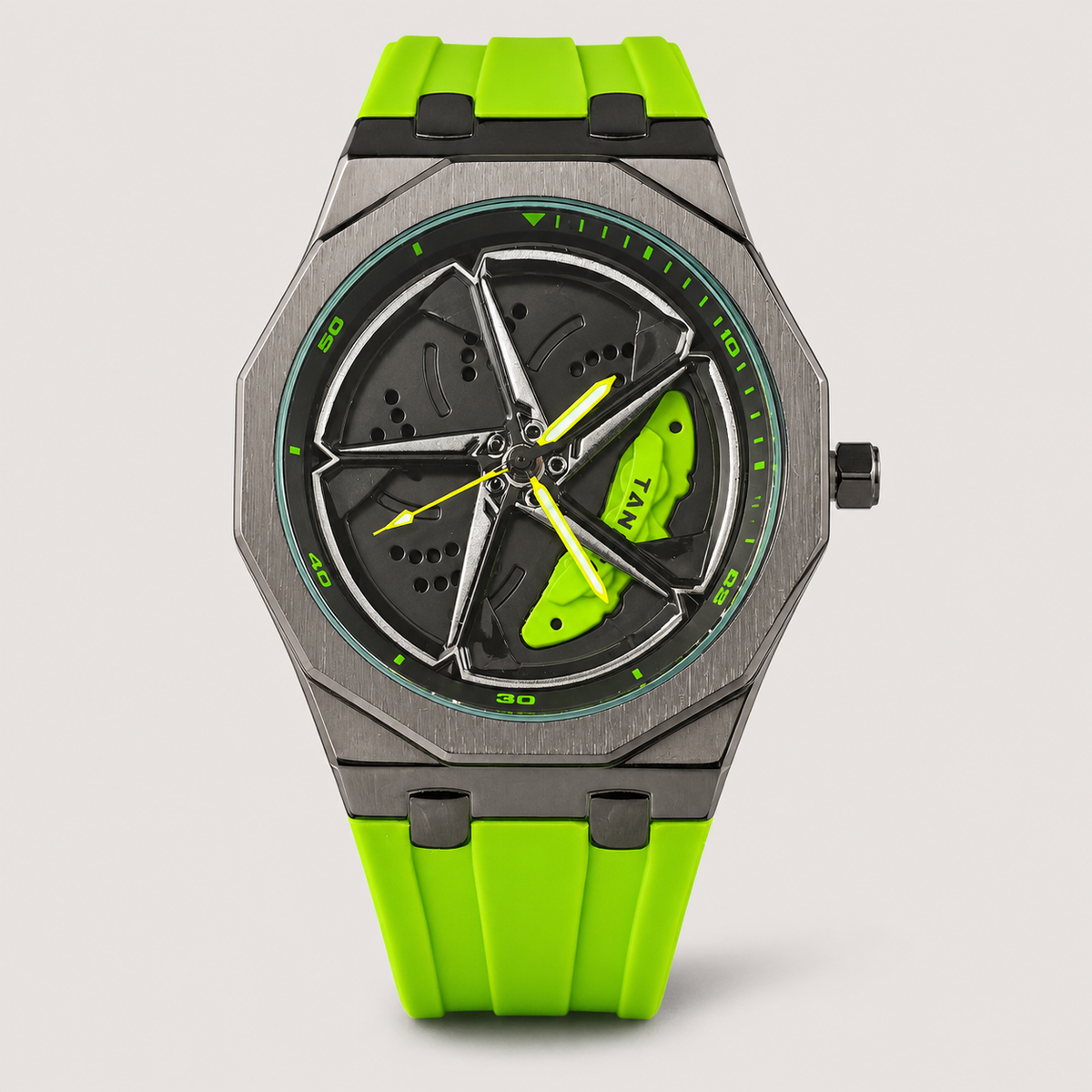 Men’s octagonal quartz watch with a lime-green silicone strap and turbine-motif dial, front view