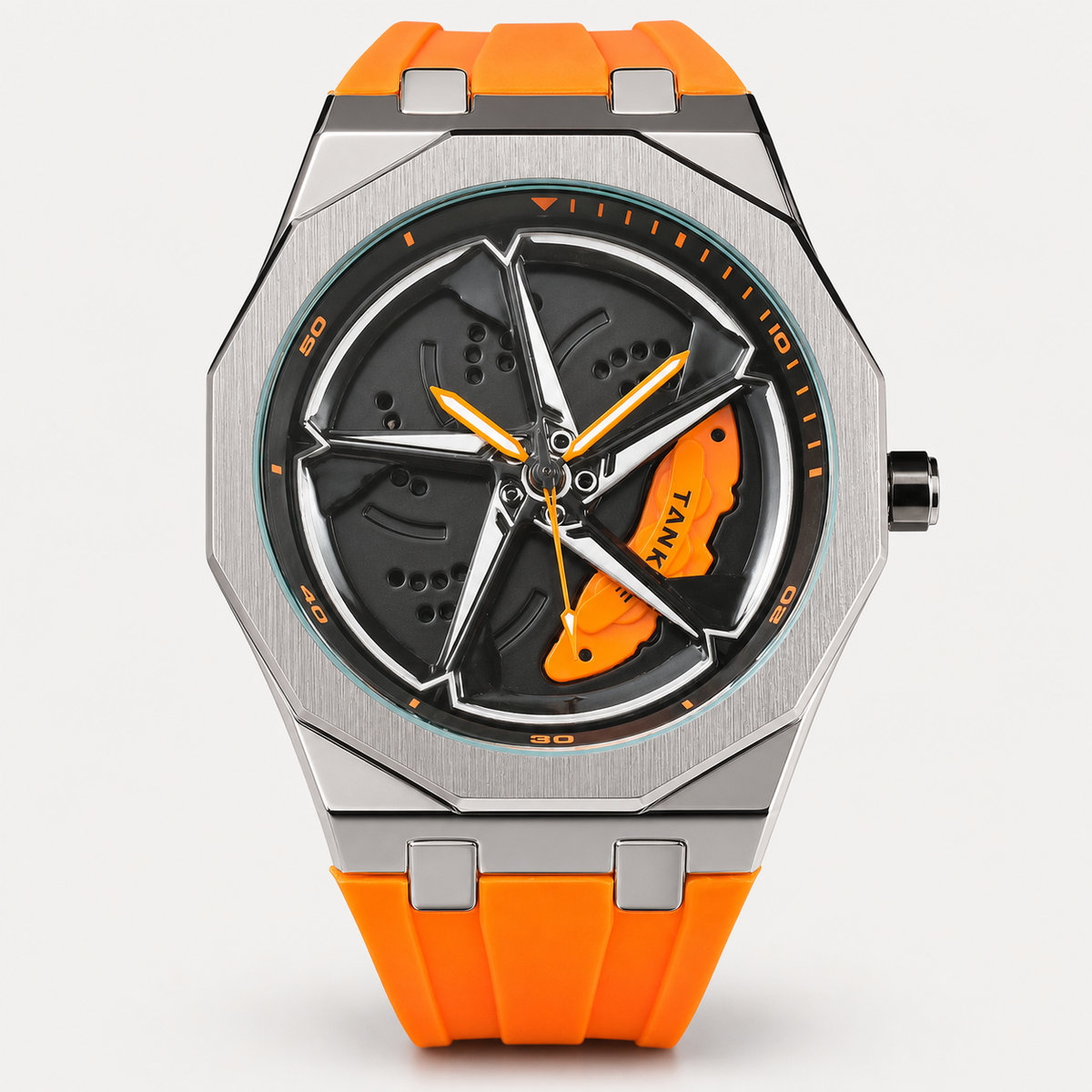 Men’s octagonal quartz watch with an orange silicone strap and orange turbine-motif dial, front view