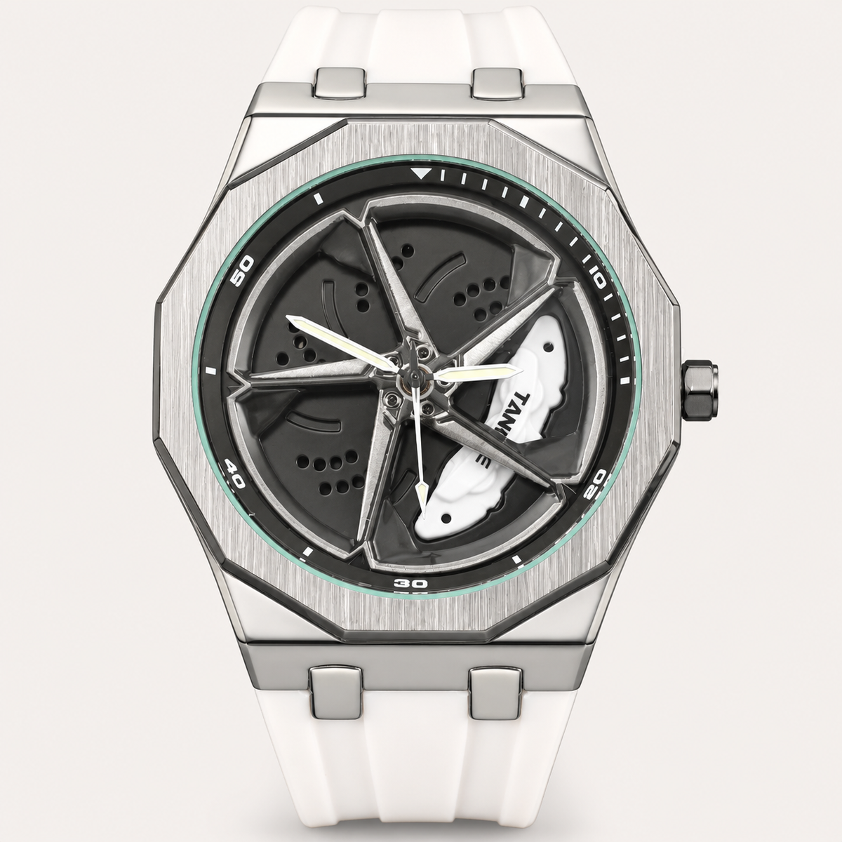 Men’s octagonal quartz watch with a white silicone strap and turbine-motif dial, front view