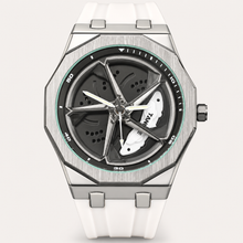 Men’s octagonal quartz watch with a white silicone strap and turbine-motif dial, front view