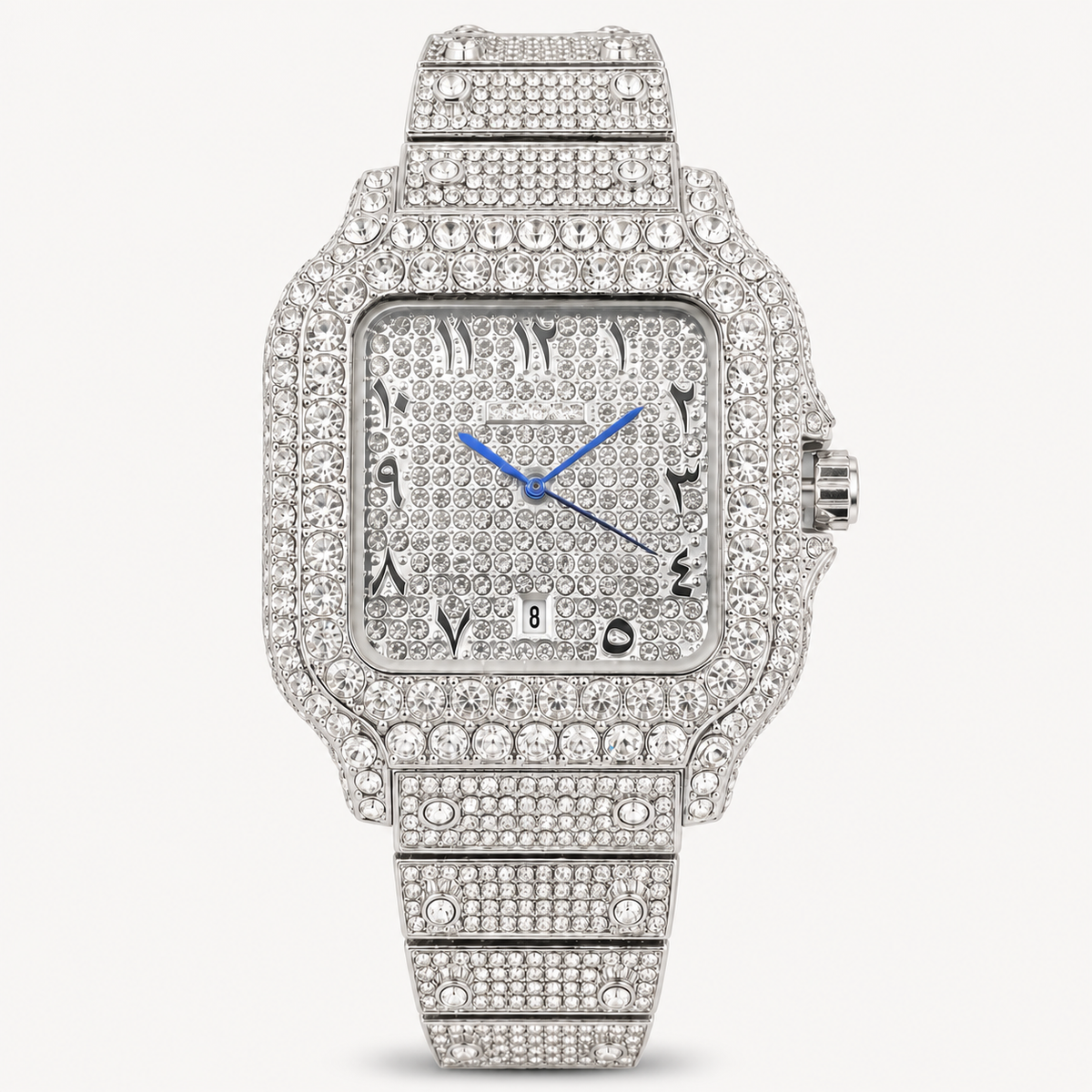 Silver-tone square watch with blue hands, front view