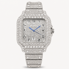 Silver-tone square watch with blue hands, front view