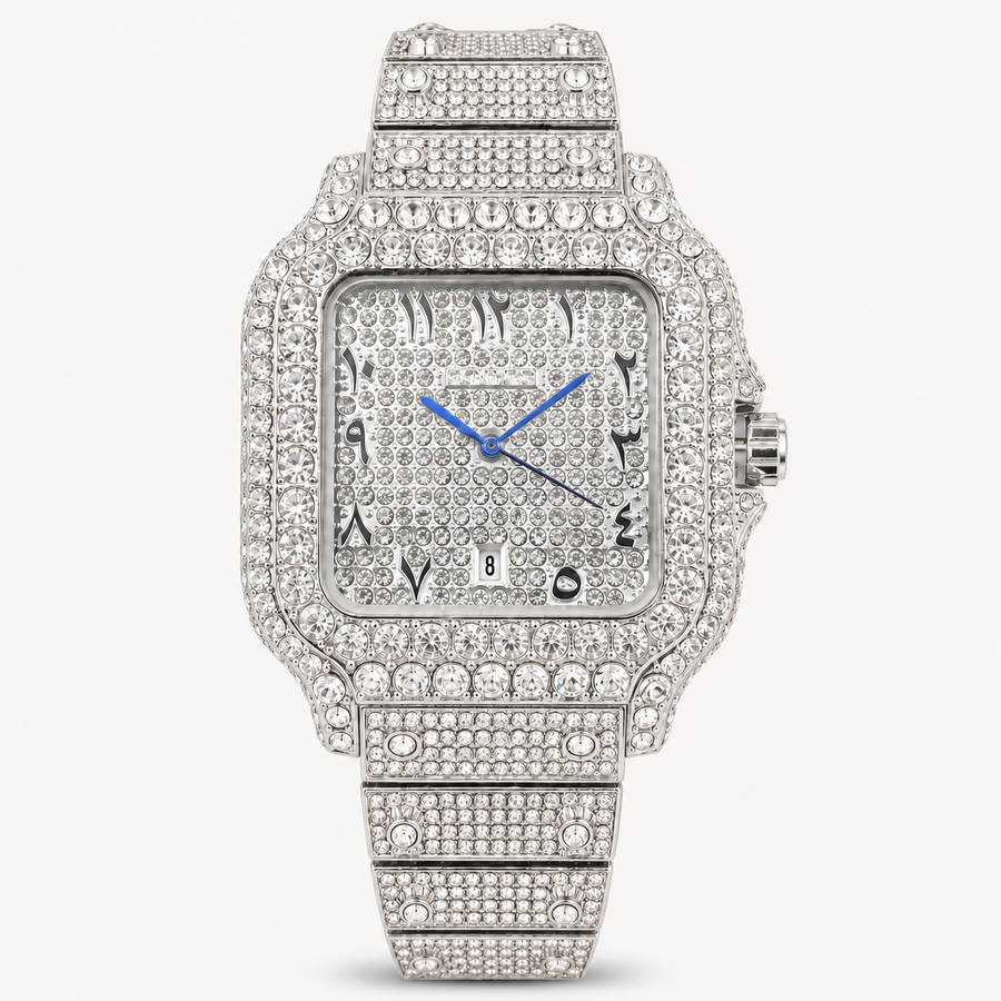 Silver-tone square watch with blue hands, front view