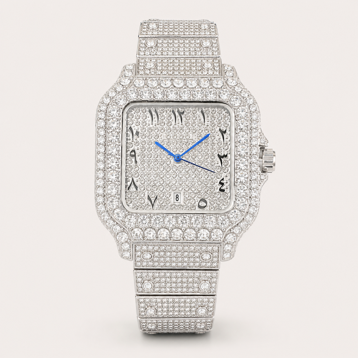 Silver-tone square watch with blue hands, angled front view