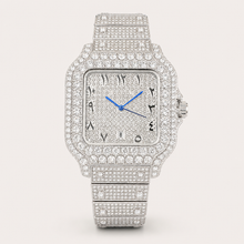 Silver-tone square watch with blue hands, angled front view