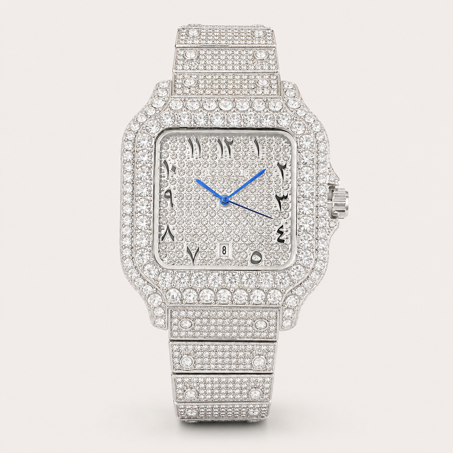 Silver-tone square watch with blue hands, angled front view