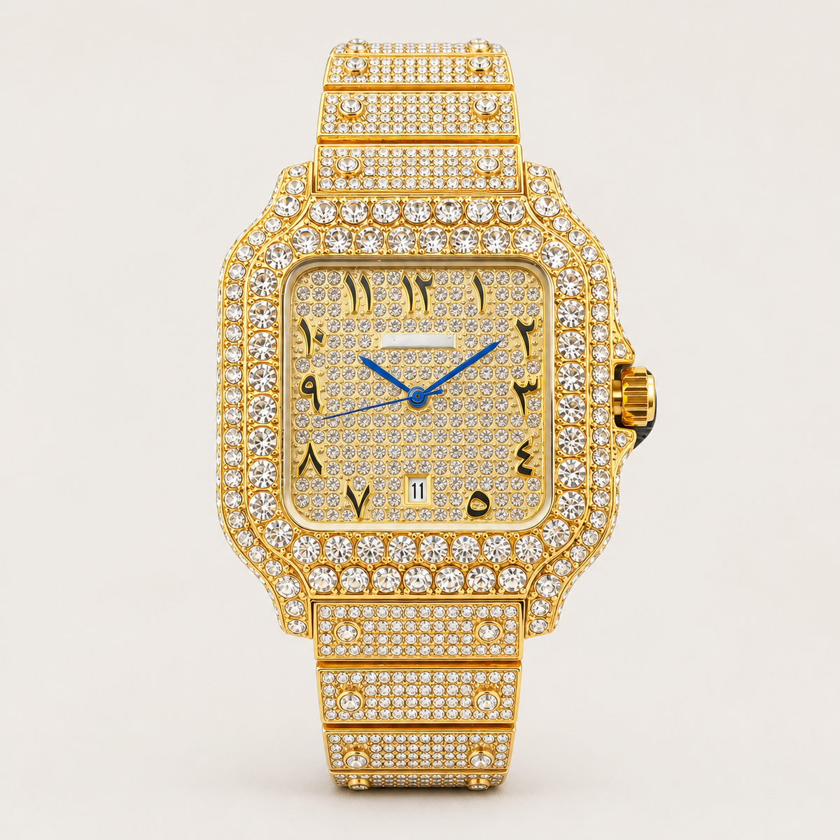Gold-tone square watch with clear decorative border accents, front view