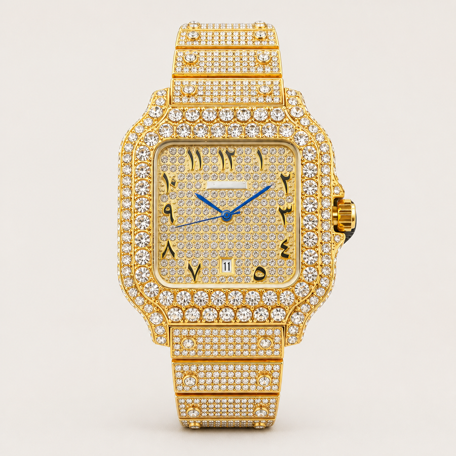 Gold-tone square watch with clear decorative border accents, front view