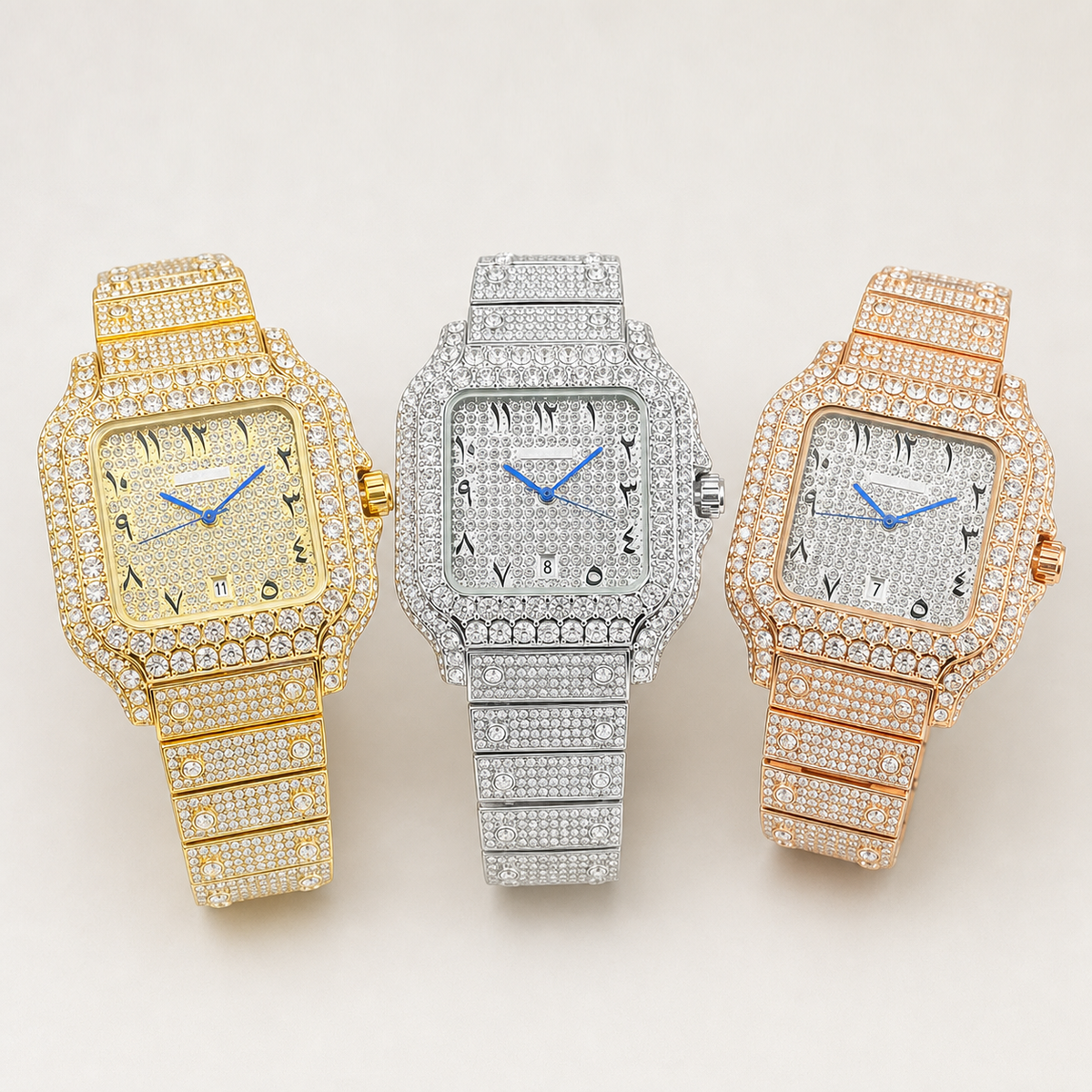 Gold-tone, silver-tone and rose-gold square watches, displayed side by side