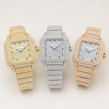 Gold-tone, silver-tone and rose-gold square watches, displayed side by side