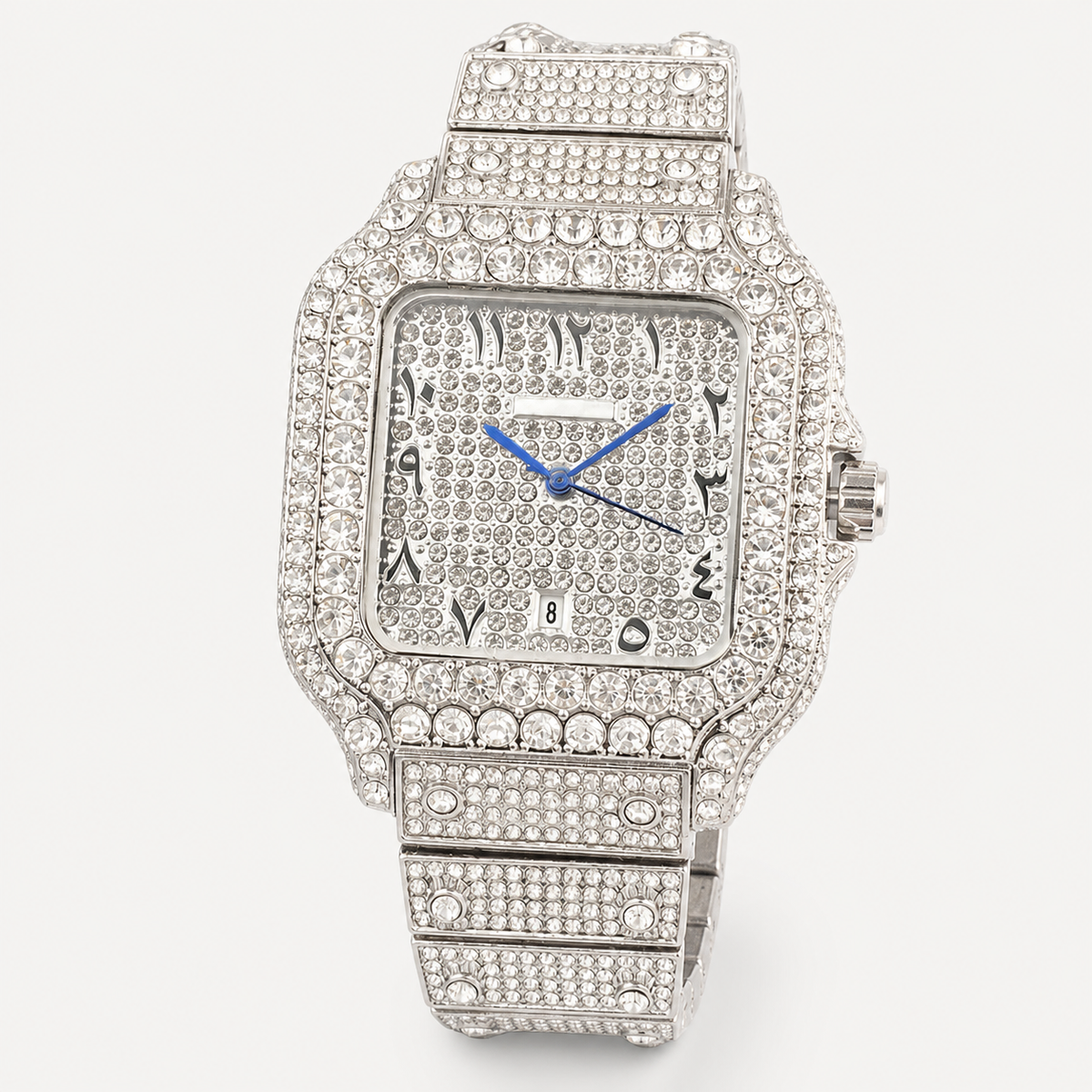 Silver-tone square watch with blue hands, close front view