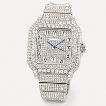 Silver-tone square watch with blue hands, close front view