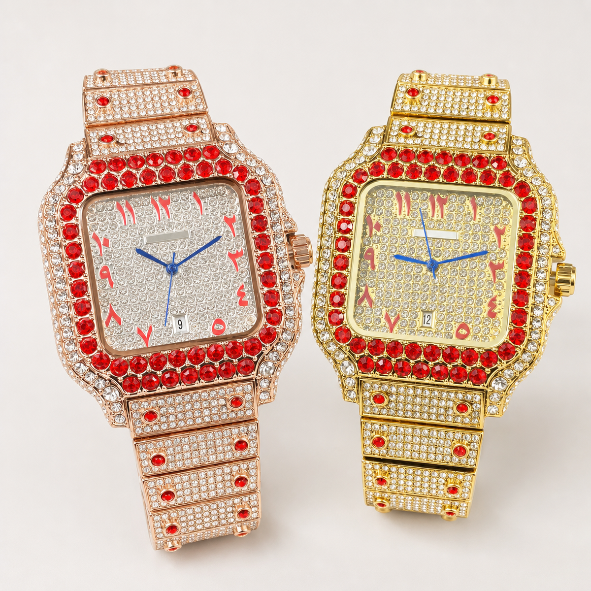Rose-gold and gold-tone square watches with red border accents, displayed side by side