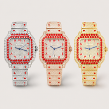 Silver-tone, rose-gold and gold-tone square watches with red border accents, displayed side by side
