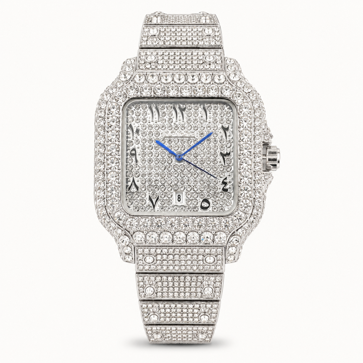 Silver-tone square watch with blue hands and a sparkling patterned dial, front view