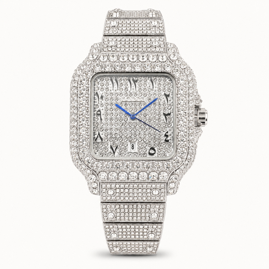 Silver-tone square watch with blue hands and a sparkling patterned dial, front view