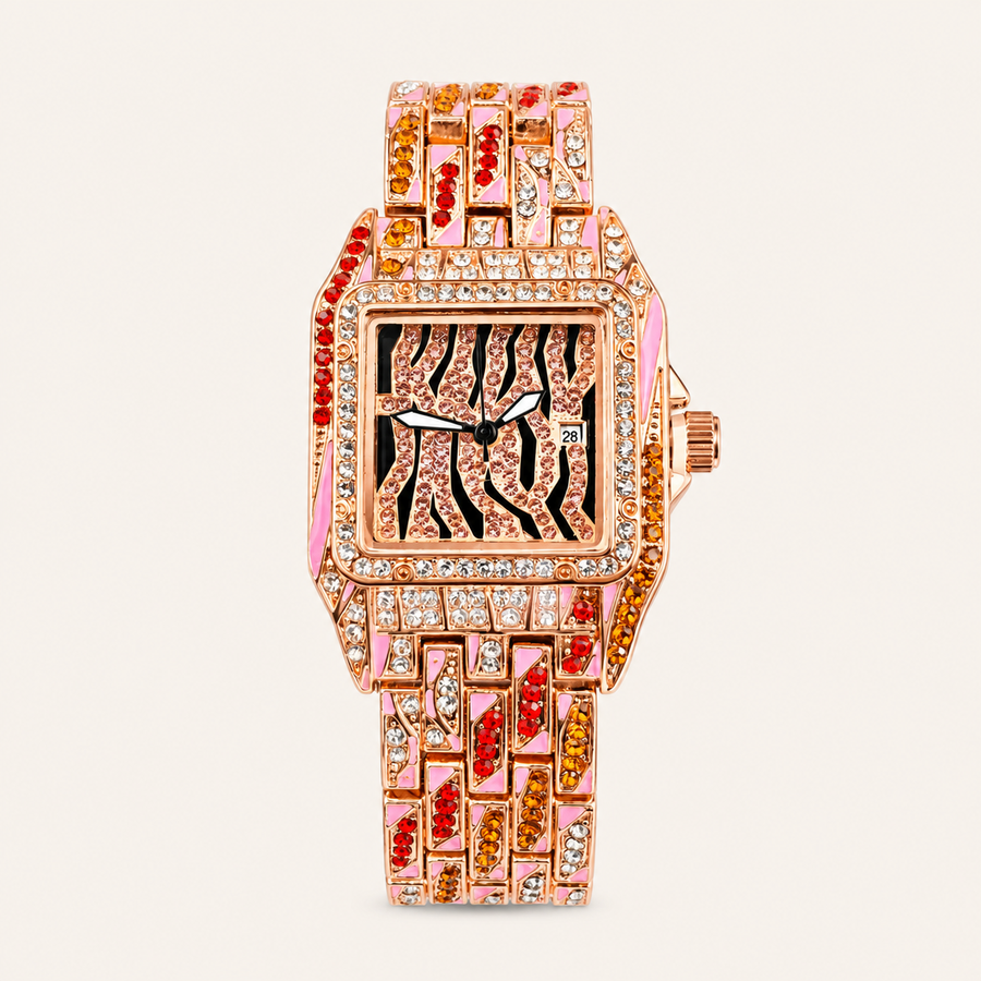Rose-gold women’s square quartz watch with a pink striped dial and multicolour jewel-link bracelet, front view
