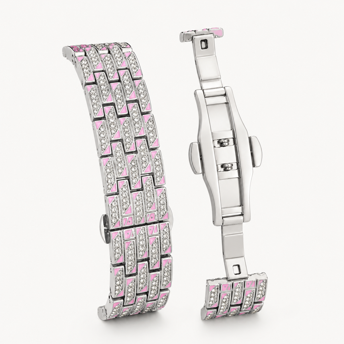 Silver and pink jewel-link bracelet with the deployment clasp open