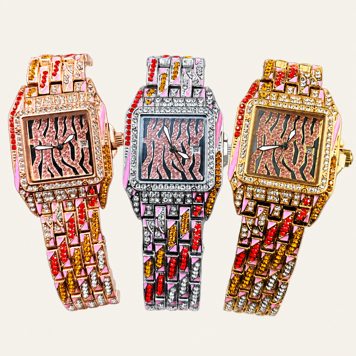 Three crystal-set square watches with multicolour jewel-link bracelets in rose-gold, silver and gold finishes