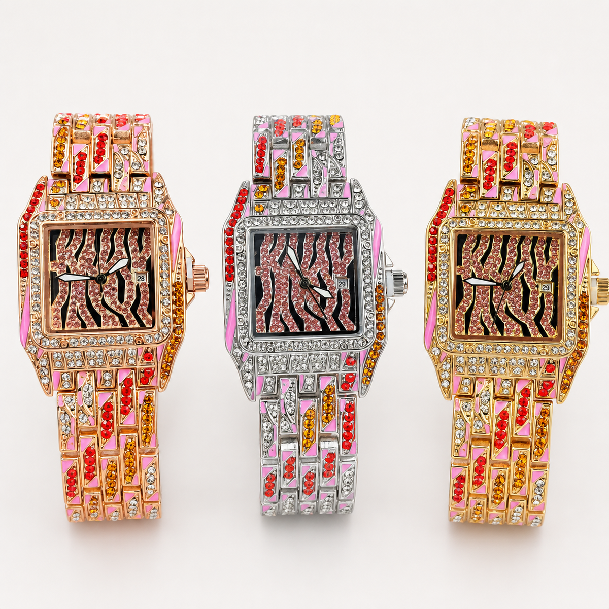 Front view of rose-gold, silver and gold square watches with pink striped dials and jeweled bracelets
