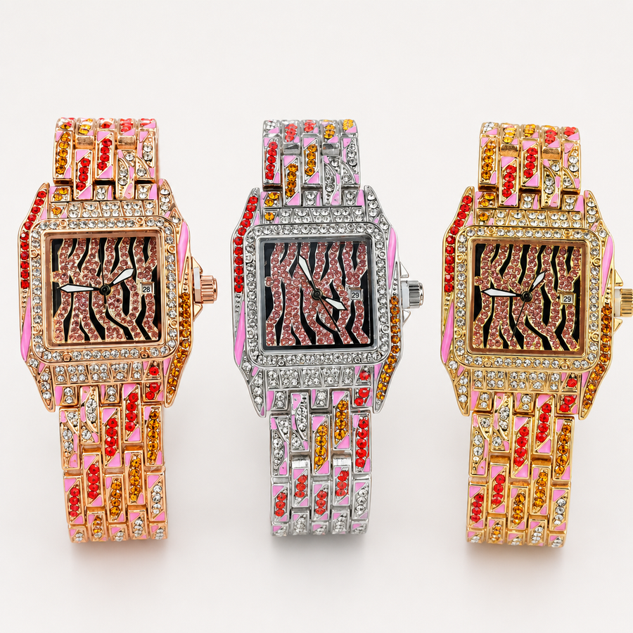 Front view of rose-gold, silver and gold square watches with pink striped dials and jeweled bracelets