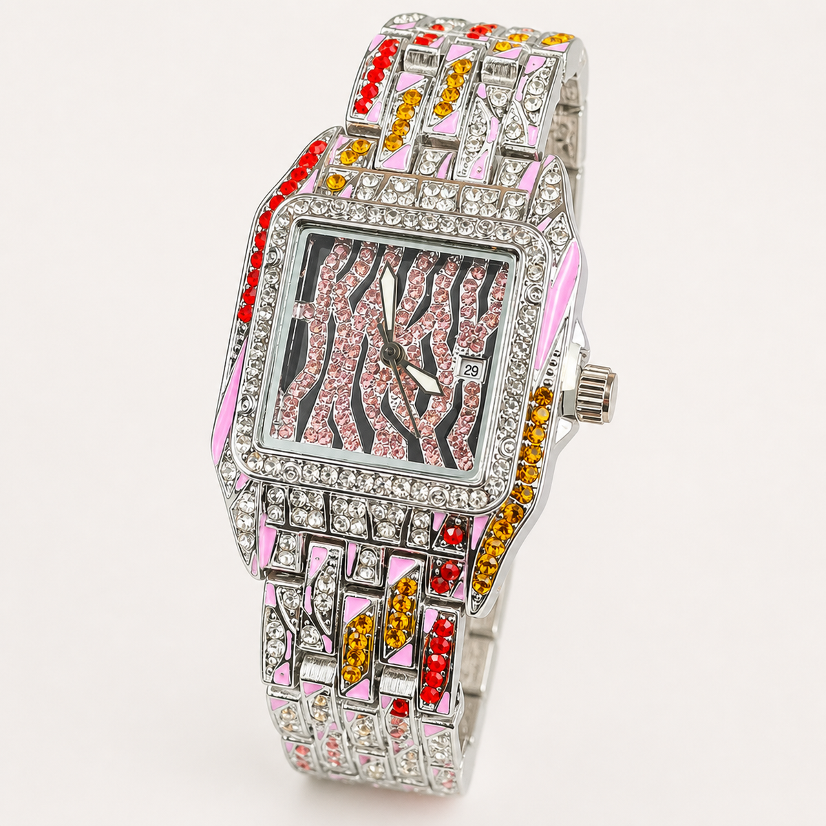 Silver women’s square quartz watch with a pink striped dial and multicolour jewel-link bracelet, angled view