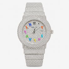 Silver-tone crystal-set watch with multicolour numeral markers and date window, front view