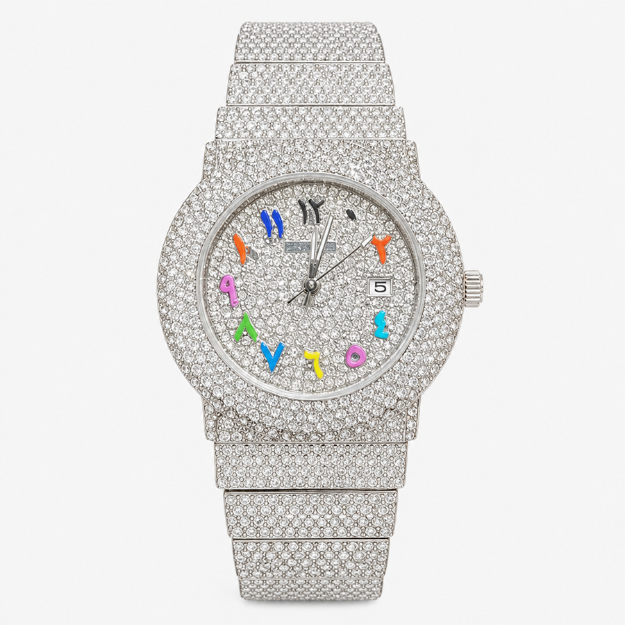 Silver-tone crystal-set watch with multicolour numeral markers and date window, front view