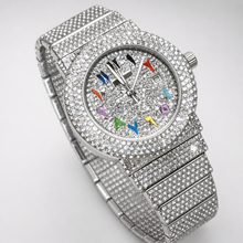 Silver-tone crystal-set watch with multicolour numeral markers, three-quarter front view
