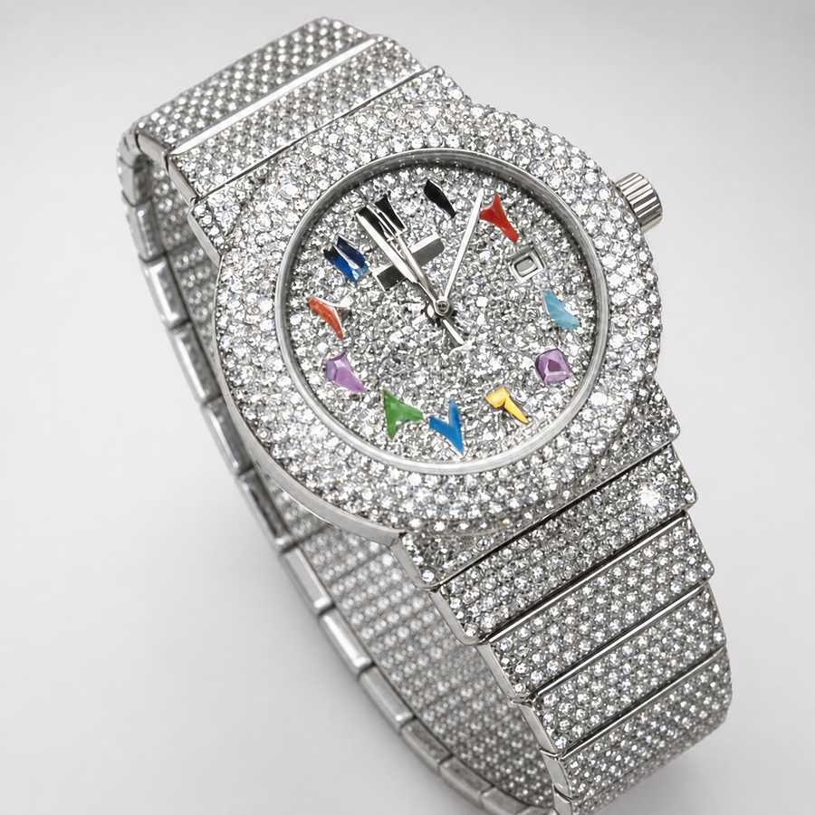 Silver-tone crystal-set watch with multicolour numeral markers, three-quarter front view