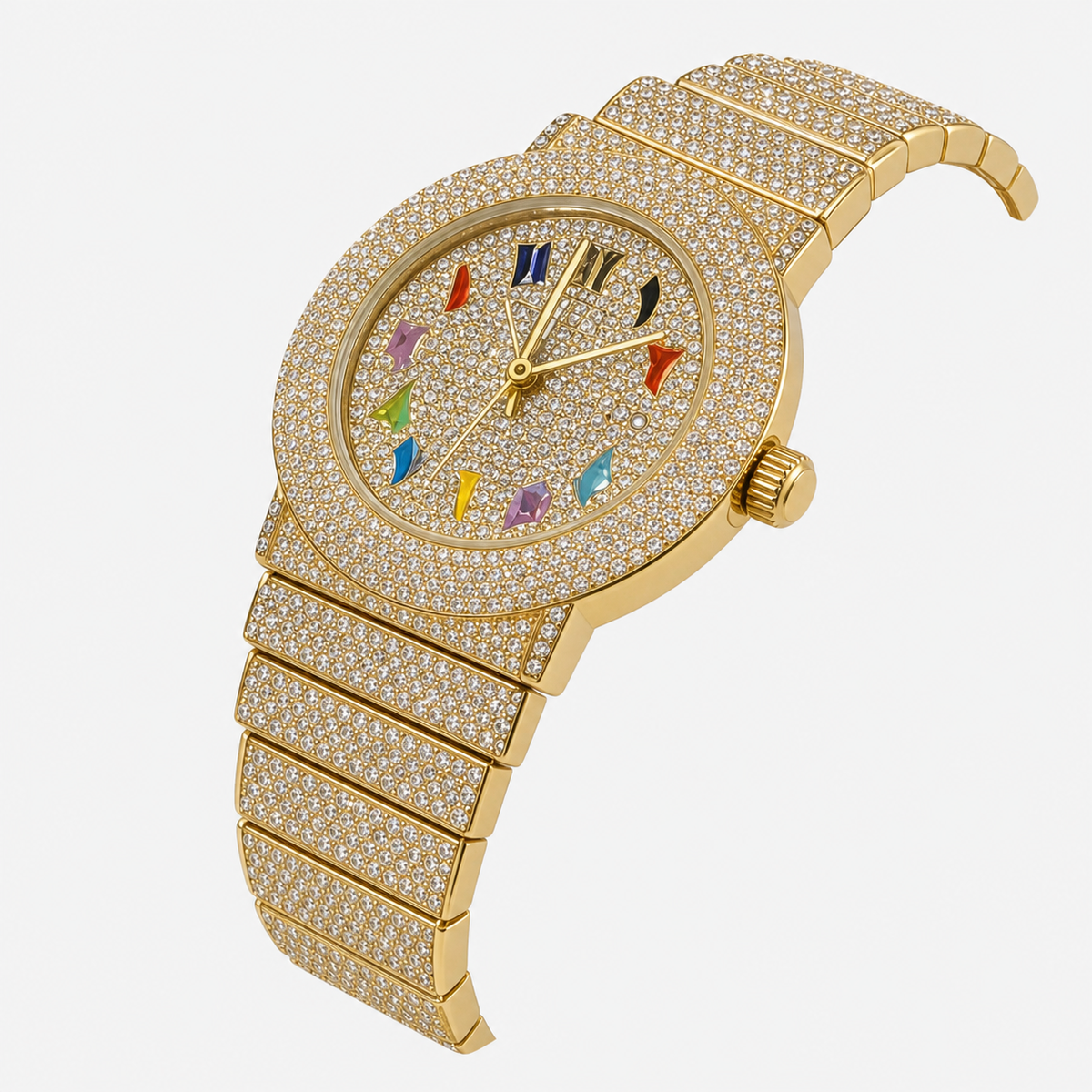 Gold-tone crystal-set watch with multicolour numeral markers, three-quarter front view