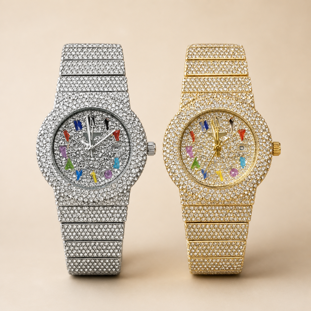 Silver-tone and gold-tone crystal-set watches with multicolour numeral markers, comparison view