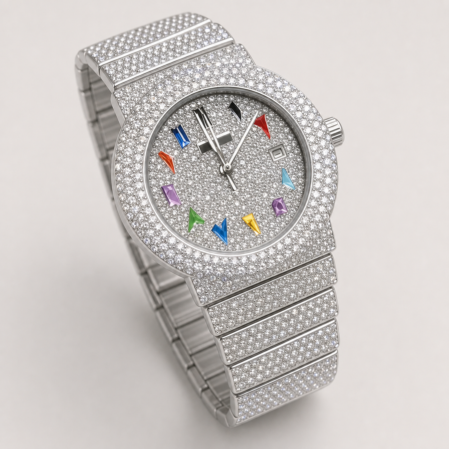 Silver-tone crystal-set watch with multicolour numeral markers and date window, straight front view