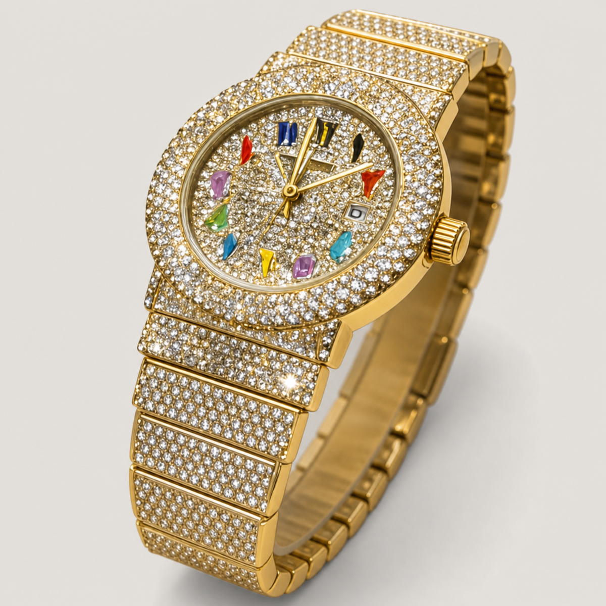 Gold-tone crystal-set watch with multicolour numeral markers and date window, straight front view