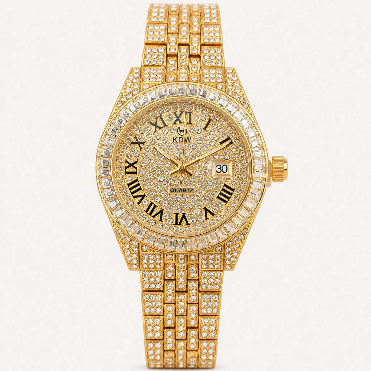 Roman Accent-Bezel Calendar Quartz Watch for Everyone — Gold, product photo 01