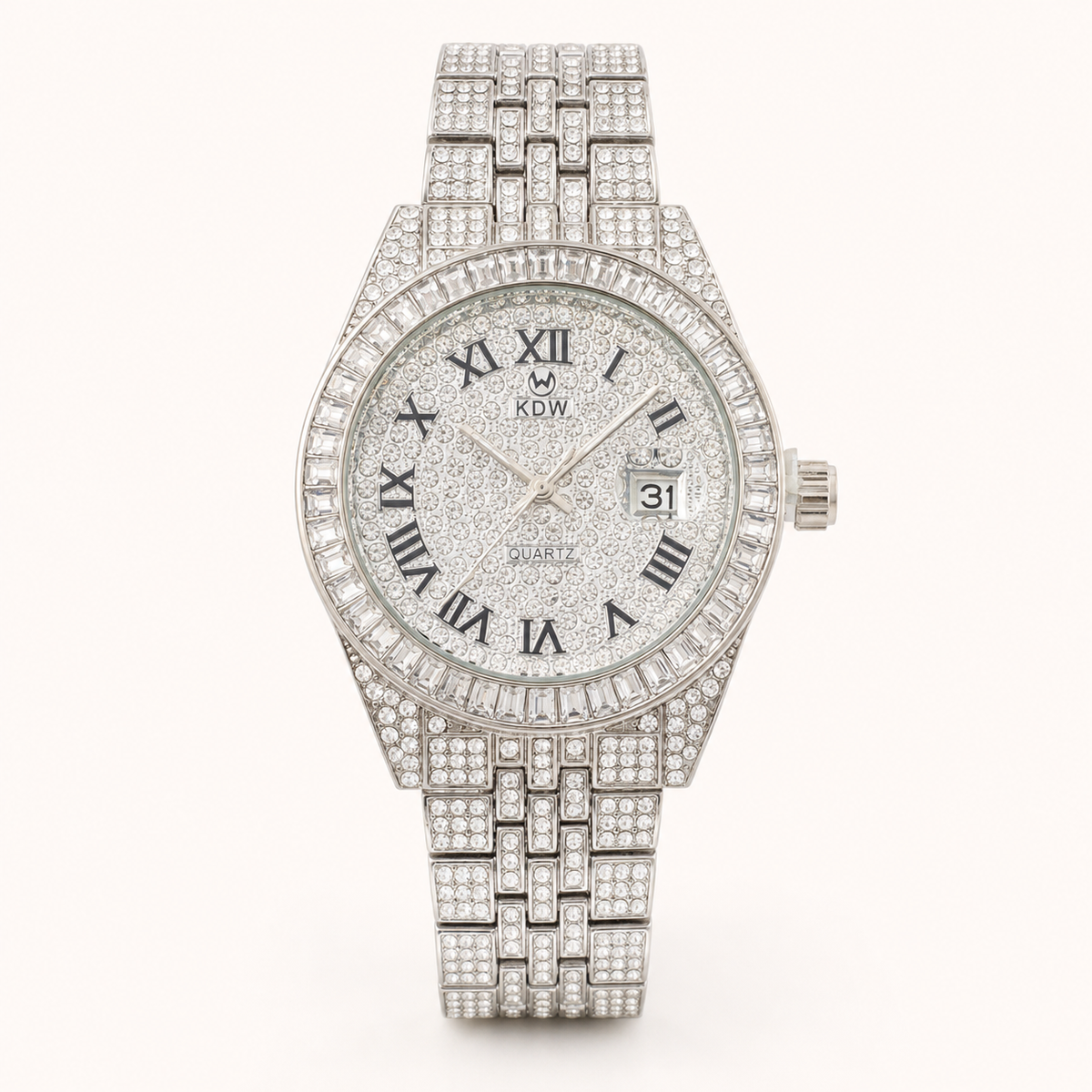 Roman Accent-Bezel Calendar Quartz Watch for Everyone — Silver, product photo 12