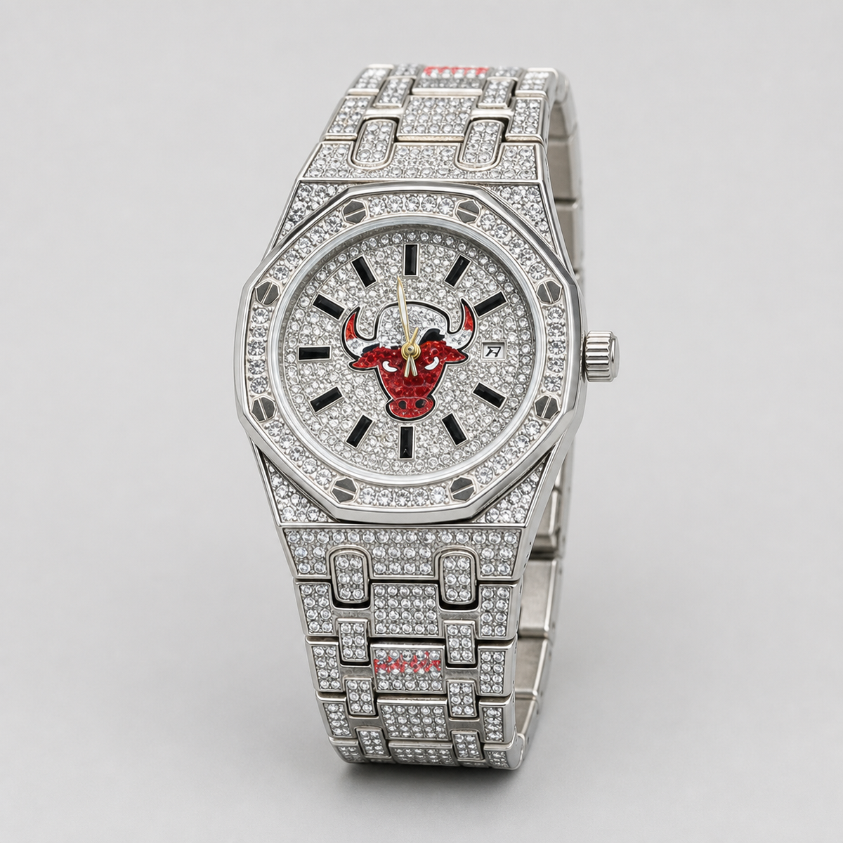 Men’s Screw-Accent Central-Motif Calendar Watch — Silver, product photo 07