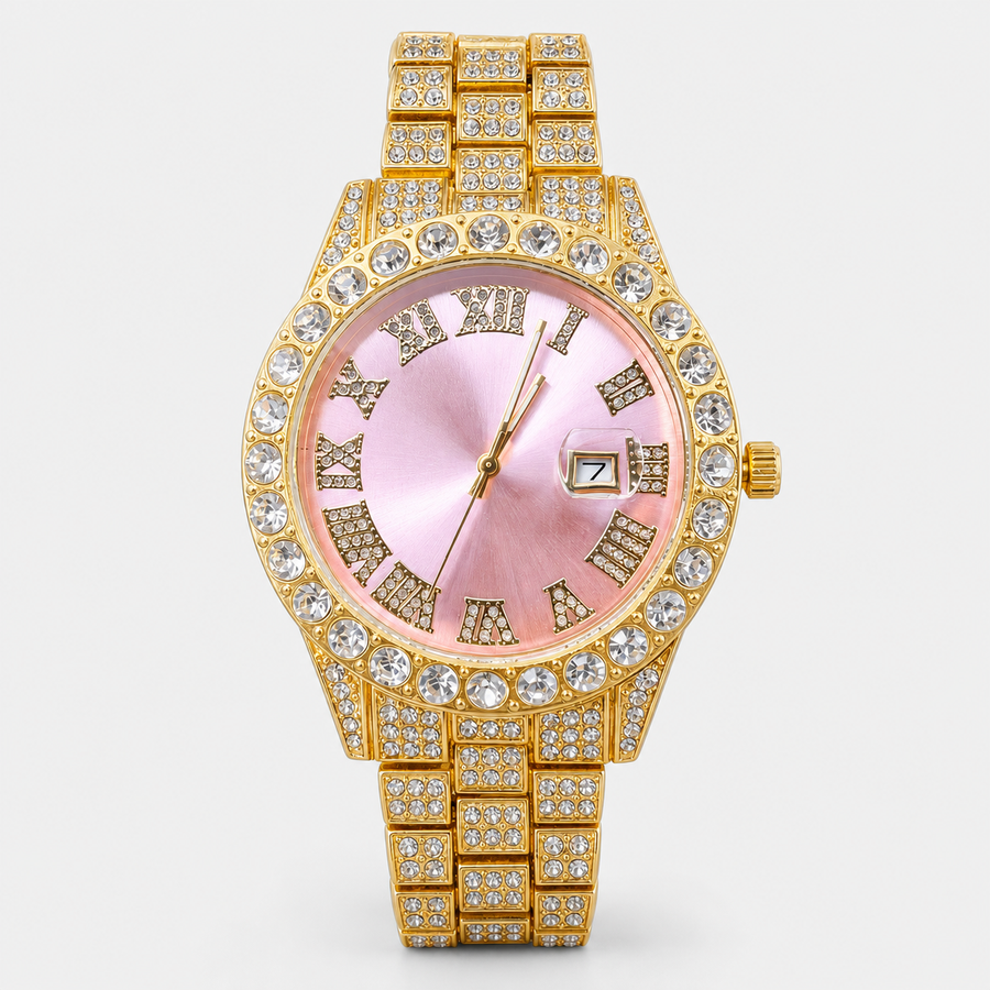 Gold-tone watch with pink Roman-numeral dial and crystal-set bracelet, front view