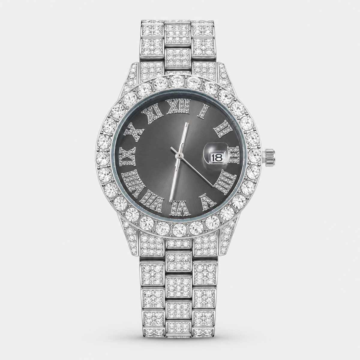 Silver-tone watch with light black Roman-numeral dial and crystal-set bracelet, front view