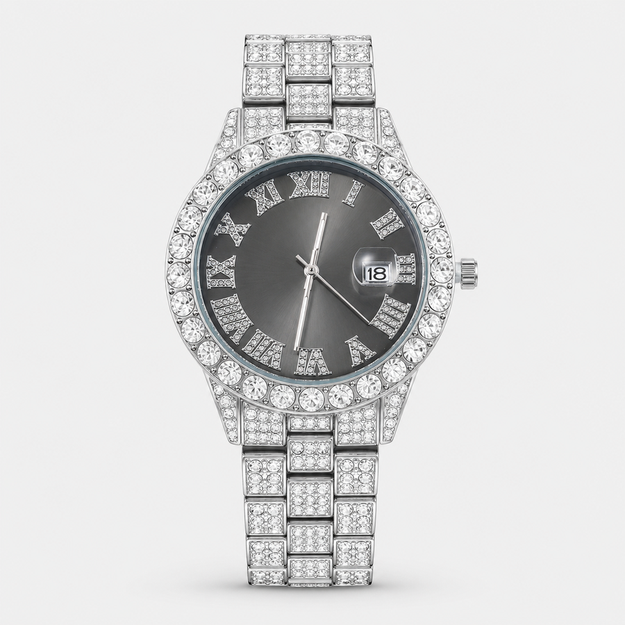 Silver-tone watch with light black Roman-numeral dial and crystal-set bracelet, front view