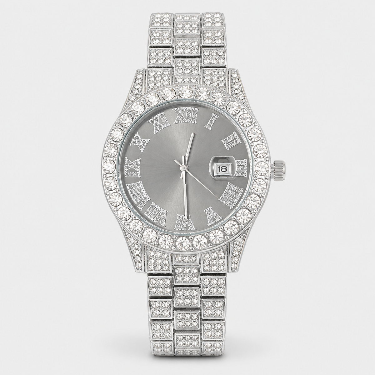 Silver-tone watch with light black Roman-numeral dial, three-quarter view