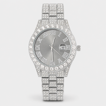 Silver-tone watch with light black Roman-numeral dial, three-quarter view